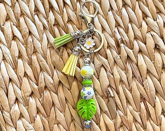 Handmade, Custom Clasp, Floral Keychain: Palm Leaf, Daisy Charm, Suede Tassels