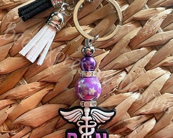 Handmade Purple Rn Keychain: Rhinestones, Star Bead & Tassels
