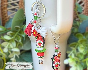 Strawberry Gnome Keychain & Tumbler Charm Set: Beaded Tassel, Daisy Charm