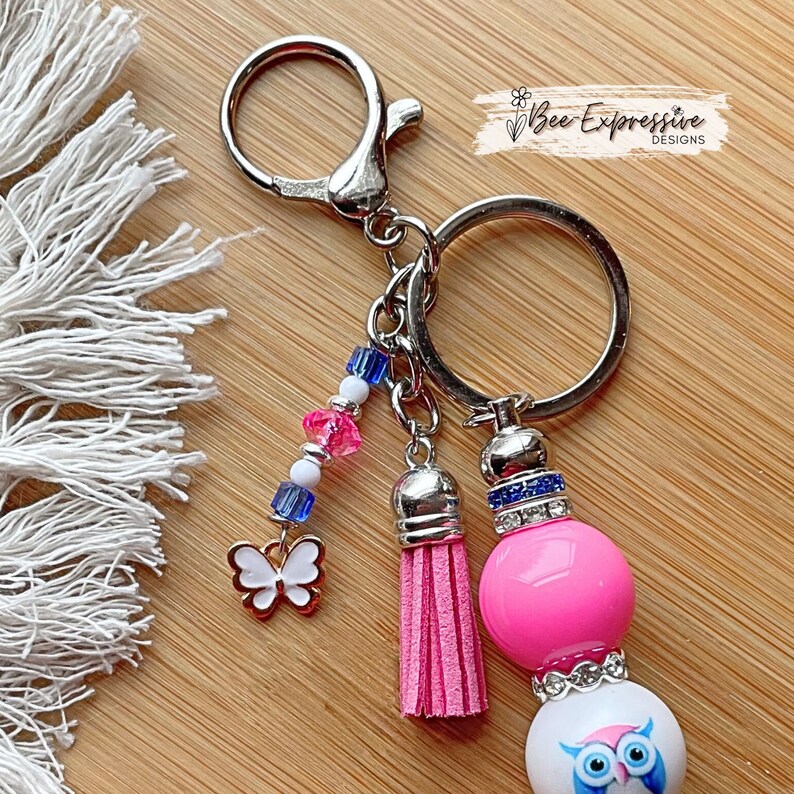 Handmade, Unique, Owl Chunky Beaded Keychain Lobster Clasp, Rhinestone ...