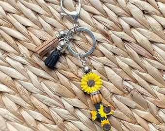 Handmade Sunflower Cross Keychain: Wood Beads, Tassel, Rhinestone Spacer
