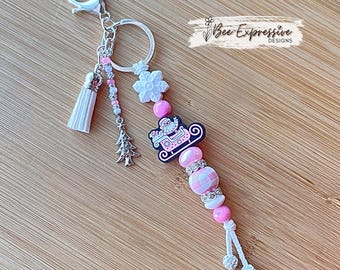 Handmade Pink Santa Sleigh Keychain: Beaded Christmas Charm