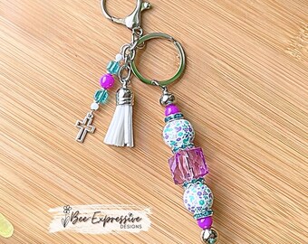 Handmade Beaded Keychain: Acrylic Hexagon, Wood Flower Beads, Cross Charm