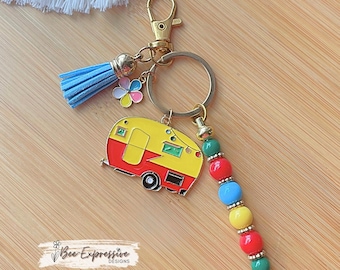 Beaded Camper Keychain: Acrylic Beads, Flower Charm & Suede Tassel