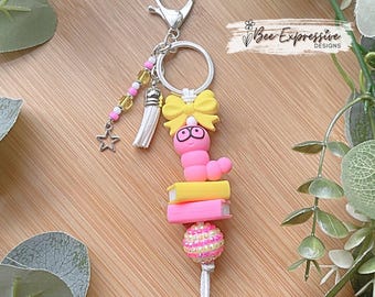 Handmade 3D Bookworm Keychain: Suede Cord, Star Charm