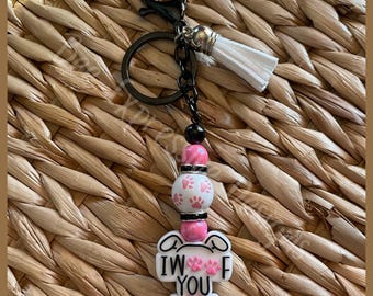 Handmade Dog Keychain: Black Alloy Clasp with Pink Acrylic Beads