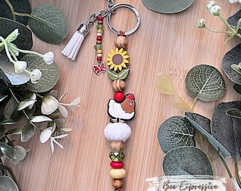 Beaded Chicken Keychain: Wood Sunflower, Tassel & Butterfly Charm