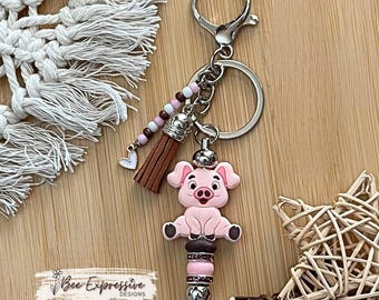 Handmade Pink Pig Keychain: Beaded Tassel, Heart Charm
