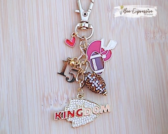 Custom Chiefs Football Charm Chain, Rhinestone Studded, Jersey Number (5" Long)