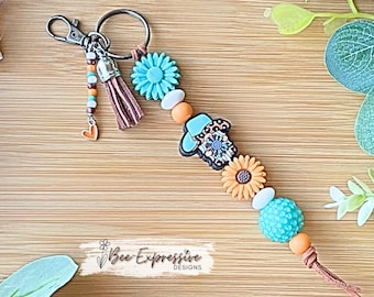 Handmade Western Gnome Keychain: Beaded Tassel with Heart Charm
