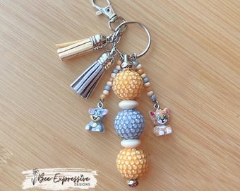 Cat & Mouse Beaded Keychain: Rhinestone Charms, Tassel Accent