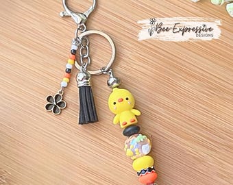 Handmade 3D Duck Keychain: Beaded Tassel, Lobster Clasp