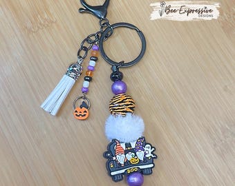 Handmade Halloween Gnome Keychain: Beaded Tassel & Pumpkin Charm