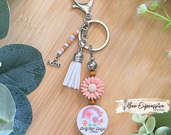 Handmade Daisy Keychain With Inspirational Focal Bead! Wood Beads, Love Charm
