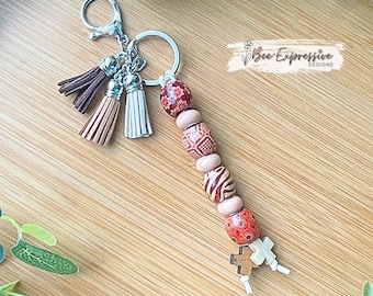 Handmade Wood Beaded Keychain: Tassel Accent, Lobster Clasp