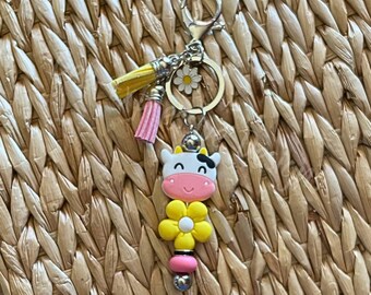 Handmade Cow & Daisy Beaded Keychain: Lobster or swivel clasp, Tassel and Daisy Charms