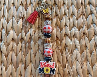 Handmade Blessed Mom Beaded Keychain: Gingham & Butterfly Charm