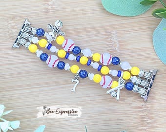 Handmade Baseball Watch Band: Charm Bracelet, Custom Jersey Number, for Apple Watches