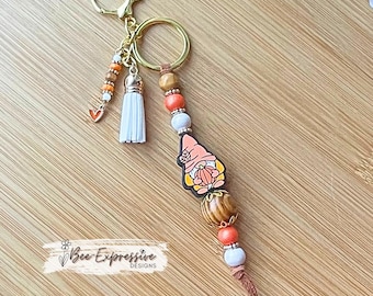 Handmade Pumpkin Gnome Keychain: Wood Beaded Fall Bag Charm