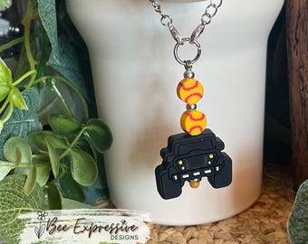 Handmade, Black 4x4, Tumbler Charm Chain: Softball or Baseball Beads
