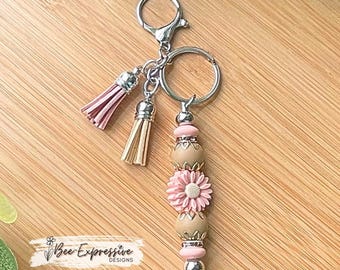 Handmade Daisy Flower Keychain or Accesory: Floral Bead End Caps, Rhinestone Accents, Silicone