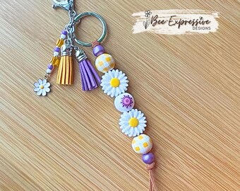 Handmade Daisy Keychain: Beaded Tassel, Gingham Wood Beads