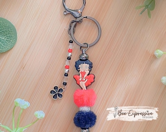 Red Dress Keychain: Beaded Tassel, Furry Beads & Black Flower Charm