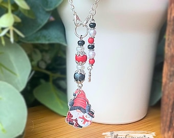 Beaded, CHRISTMAS GNOME, tumbler charm chain! Handmade, acrylic & wood beads, pearl spacers, bead caps, beaded tassel with a cross charm