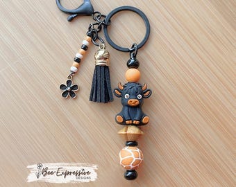 3D Cow Keychain: Beaded Tassel, Animal Print Silicone Beads