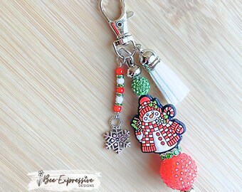 Handmade, Christmas Snowman, Keychain or Bag Accessory: Swivel Clasp, Snowflake Charm