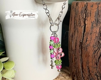 Pink & Mint Tumbler Charm: Acrylic Flower, Cross Charm
