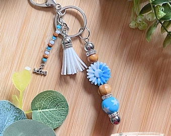 Handmade Blue Daisy Keychain: Beaded Tassel, Wood & Acrylic Beads