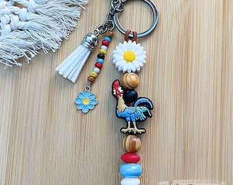 Handmade Rooster Keychain: Beaded Tassel, Daisy Charm