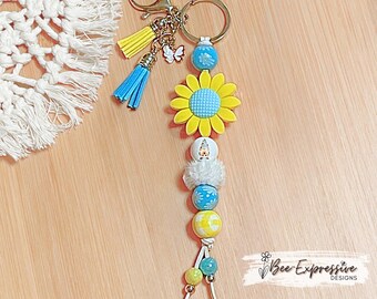 Handmade Flower Gnome Keychain: Butterfly Charm, Large Flower Bead