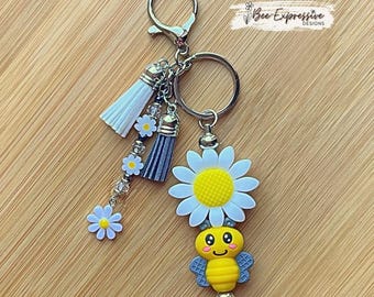 Handmade Bumblebee and Daisy Keychain: Beaded Tassel, Swivel Clasp