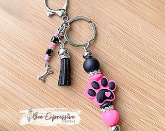 Handmade Beaded Dog Paw Keychain: Silicone, Acrylic & Rhinestone