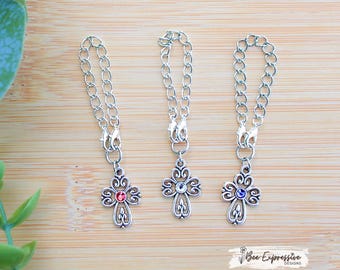 Handmade, Silver Cross Charm Chain: Choose Blue, White, or Red Rhinestone, Bag Accessory
