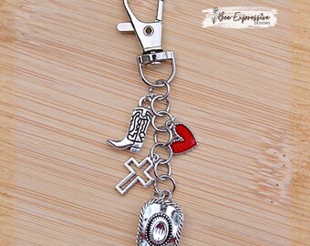 Handmade, Western, Silver Charm Chain: Cowboy Hat, Cross, Heart, Boot, Charms