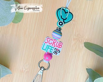 Handmade, Nurse Lanyard: Scrub Life bead, Heart & Stethoscope Bead, Swivel Clasp