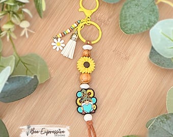 Sunflower Gnome Keychain: Beaded Tassel, Wood Beads & Daisy Charm