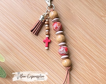 Handmade Wood Beaded Keychain: Floral Beads, Acrylic Cross Tassel