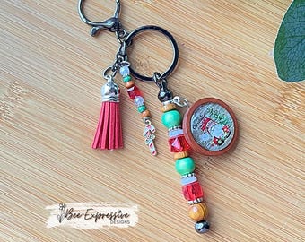 Santa Gnome Keychain: Beaded Tassel, Candy Cane Charm