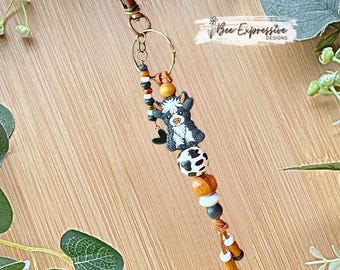 Cow Keychain: Beaded Tassel with Heart Charm, Wood and Silicone Beads