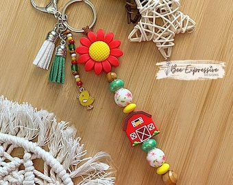 Handmade, Daisy and Red Barn Keychain: Beaded Tassel with Chicken Charm