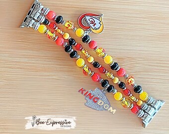 Handmade Kc Chiefs Beaded Watch Band: Kc And Kingdom Charms, For Apple Watches