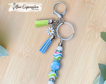 Handmade, Optional Clasp, Keychain: Acrylic Star Bead, Daisy Charm, Tassel Accent