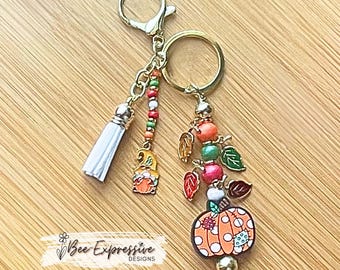 Patchwork Pumpkin & Gnome Keychain: Handmade Beaded Tassel Charm