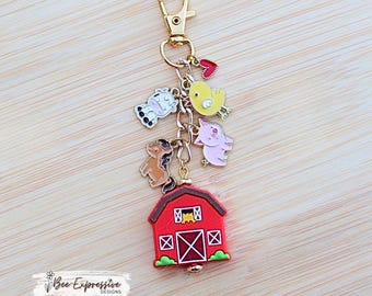 Handmade, FARM Animal, Charm Chain:  Pig, Horse, Cow, Chicken, Red Barn Bead
