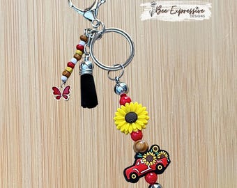 Handmade, Sunflower and Red Truck Keychain: Wood Beads, Butterfly Charm