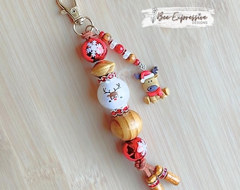 Handmade Reindeer Keychain: wood beads, rhinestones, reindeer charm